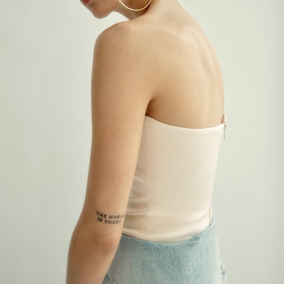 Zara ivory white satin asymmetrical wrap zipper back strapless tube top - Picture 5 of 8
